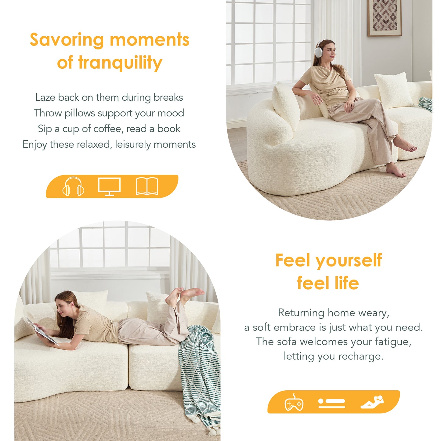 Curved Boneless Sofa,Compression Modular 110'' Sectional,White High-Density,Couches Sleeper for Living Room Bedroom Apartment Lounge,Chenille image 2