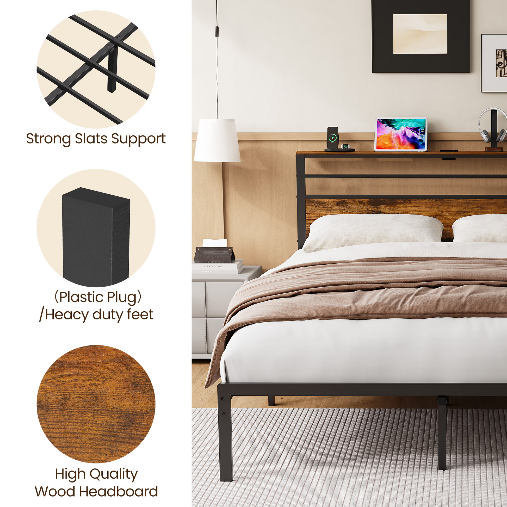 Twin Size Bed Frame with Headboard and Storage Shelf, Metal Bed, Upholstered Wooden Beds with Charging Station, Sturdy Frames for Bedroom Furniture, No Box Spring Needed, Black image 6