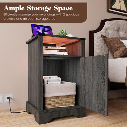 LED Nightstand Set of 2 with Charging Station, Bedside Table with Storage Cabinet and Shelf, Rustic End Table, Farmhouse Wooden Side Table, for Bedroom, Living Room, Dark Gray image 3