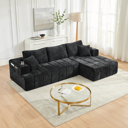 108" L-Shaped Chenille Sectional Sofa, Cloud Style Boneless Sofa with Chaise, Modern Upholstered Couch with Cup Holders & Side Pockets, Compression Sofa for Living Room, No Assembly Required, Black image 2
