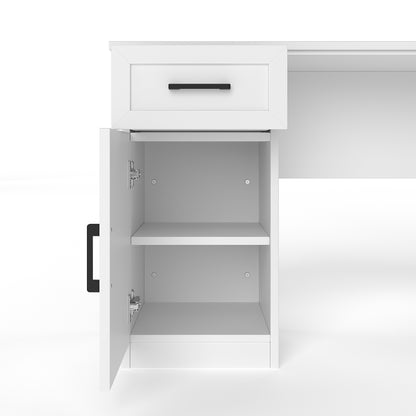 L-Shaped Computer Desk with 2 Cabinets and 2 Drawers, 11 Open Shelves and 1 Right Flip Shelf with Storage, with Power Outlet, for Study, Living Room and Office, White image 12