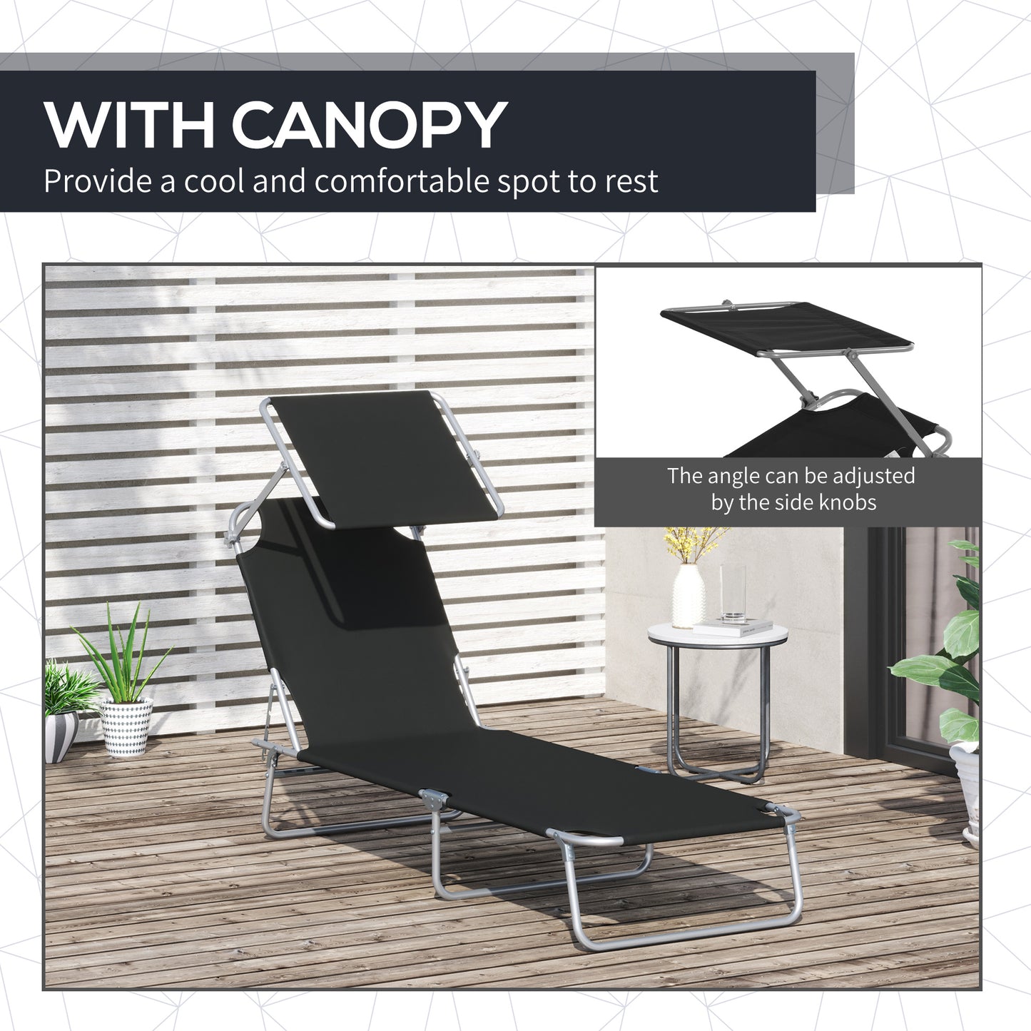 Outsunny Outdoor Lounge Chair, Adjustable Folding Chaise Lounge, Tanning Chair with Sun Shade for Beach, Camping, Hiking, Backyard, Black image 6