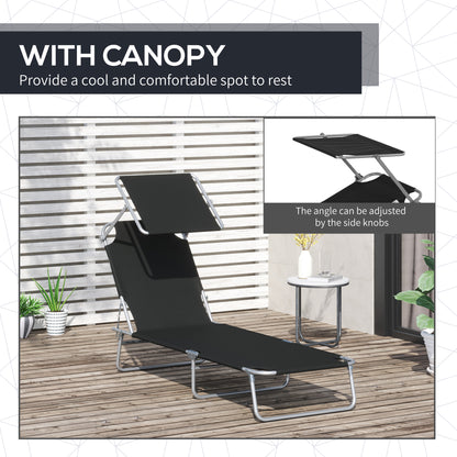 Outsunny Outdoor Lounge Chair, Adjustable Folding Chaise Lounge, Tanning Chair with Sun Shade for Beach, Camping, Hiking, Backyard, Black image 6
