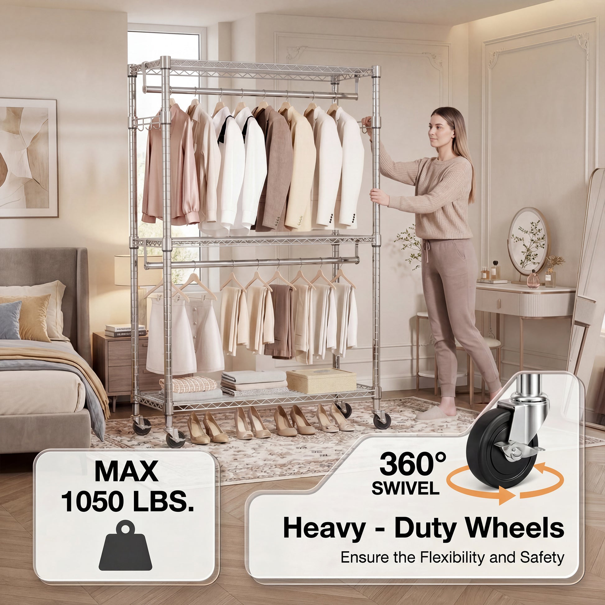 Heavy Duty Rolling Garment Rack 3 Tiers Adjustable Wire Shelving Clothes Rack with 2 Rods and Side Hooks,Storage Closet Clothing Rack with Wheels Chrome 15.7" D x 29.5" W x 74.5" H image 2
