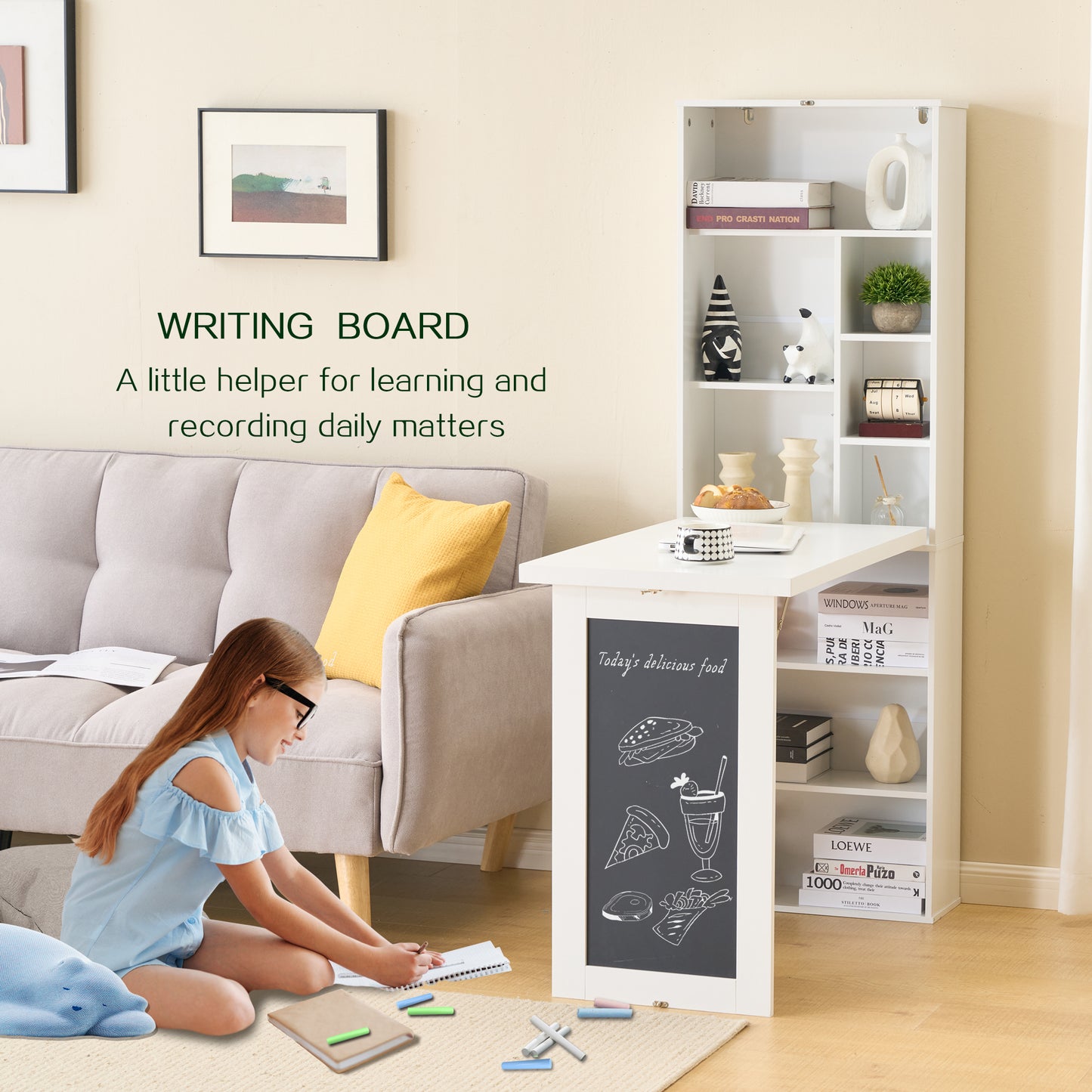 Fold-out Convertible Writing Desk, Wall Mount Table Cabinet with Blackboard and Storage Shelves, Space-Saving Murphy Desk for Home Office Living Room Bedroom (White) image 4