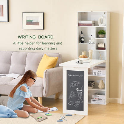 Fold-out Convertible Writing Desk, Wall Mount Table Cabinet with Blackboard and Storage Shelves, Space-Saving Murphy Desk for Home Office Living Room Bedroom (White) image 4