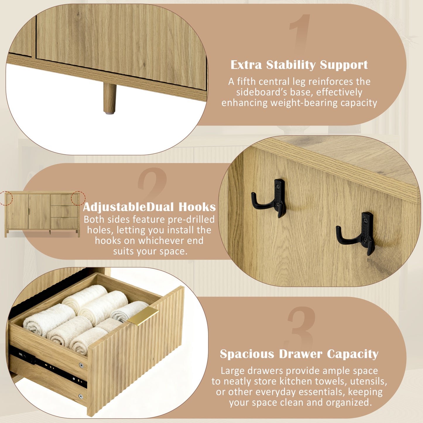 U-Style Modern Wave-Pattern Sideboard with 3 Drawers, Large Storage Buffet Cabinet with Hooks and Extra Center Leg,Suitable for Living Room,Entryway,Hallway. image 10