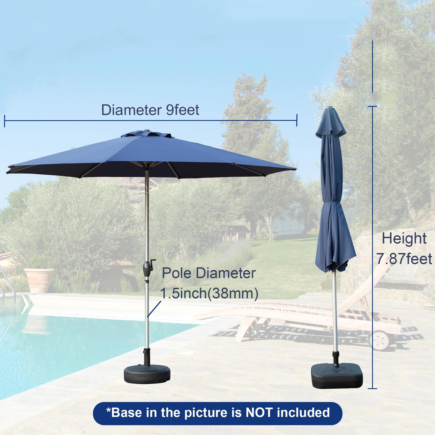 9FT Patio Umbrella, Outdoor Table Umbrella with Push Button Tilt and Crank, UV Protection Waterproof Market Sun Umbrella with 8 Sturdy Ribs for Garden, Deck, Backyard, Pool (Navy Blue) image 6