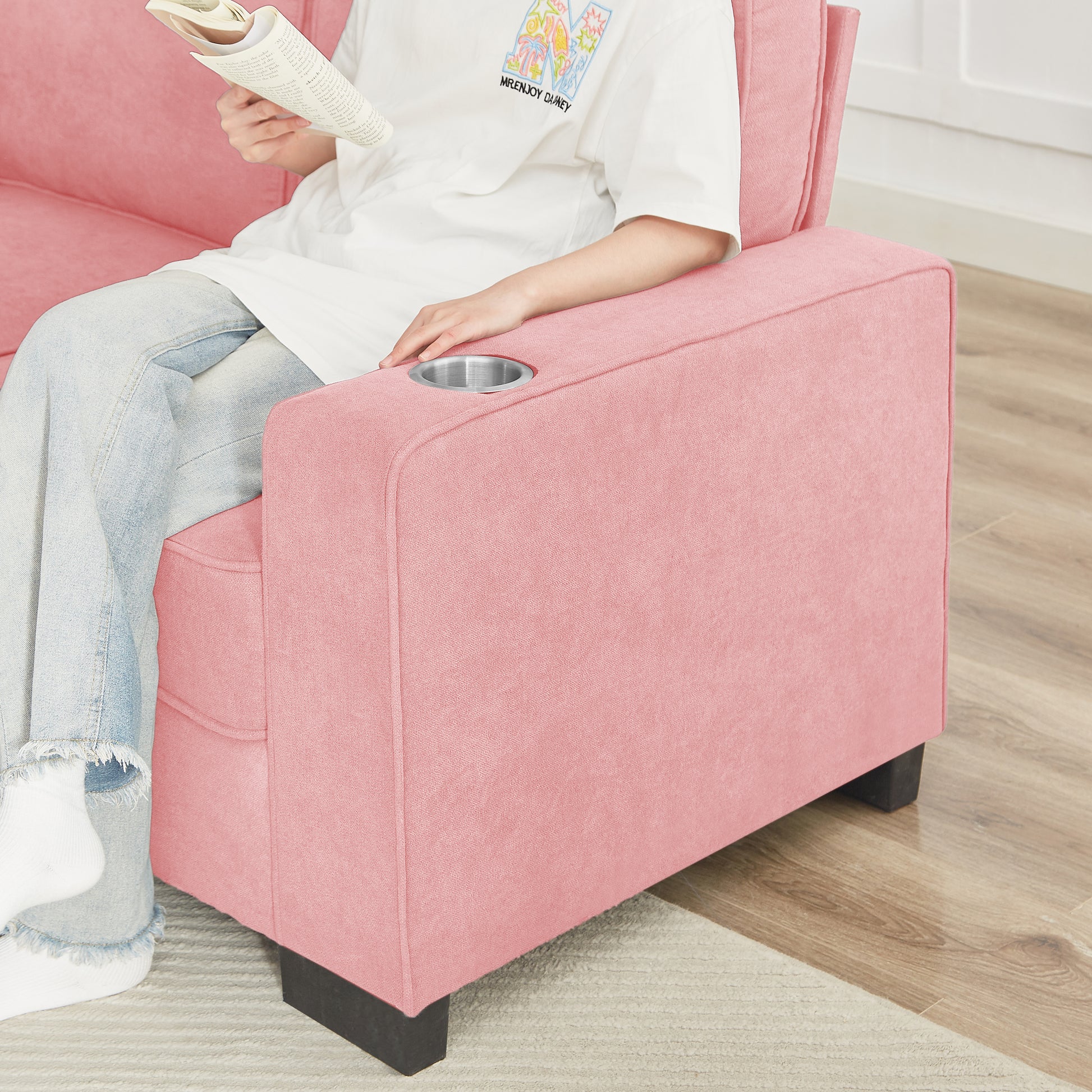 83.86"Snowfleece Fabric sofa,Modern Compressed Couch,3-Seater Sofa, Furniture for Living Room,Bedroom,office,Pink image 10