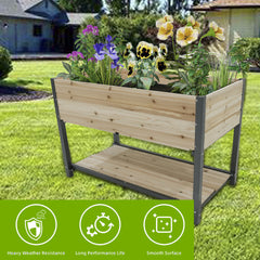 New style:     45"  Iron-wood combined growing beds with feet and storage racks. Suitable for various places such as gardens, backyards, terraces, balconies, etc.