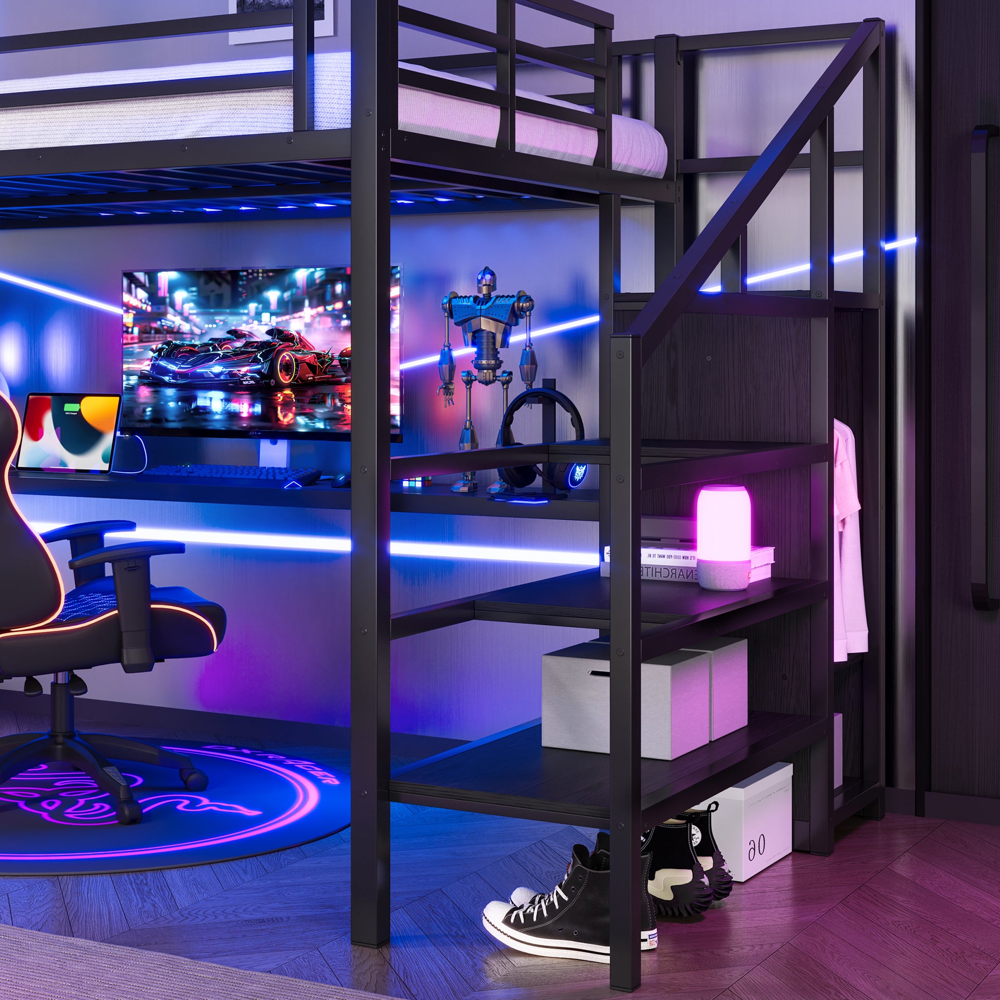 Full XL Size Loft Bed with L-shaped Desk and USB, Metal Loft Bed with Wardrobe and Adjustable Shelf, High Loft Bed with LED for Kids Teens Adults, Black image 6