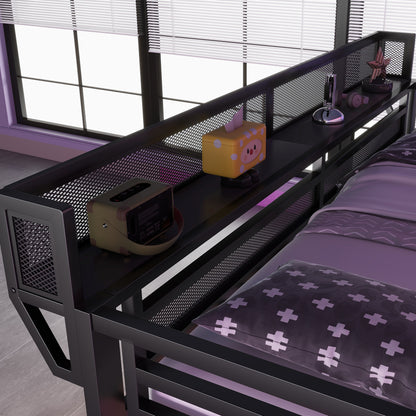 Full Loft Bed with Desk and Charging Station, Full Size Metal Loft Bed with Stairs and Light for Kids Teens, Black image 4