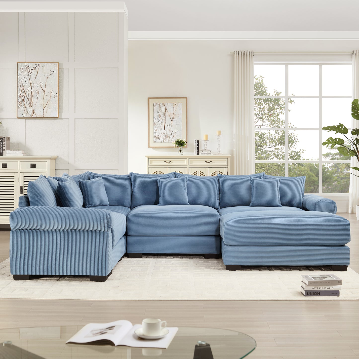 Oversized Cloud Modular Sectional Couch, Convertible Sectional Couches,Extra-Thick Armrests With An Ottoman,Premium Corduroy Fabric,Ergonomic Design, Easy Assembly,For Living Rooms bedroom,Blue image 3