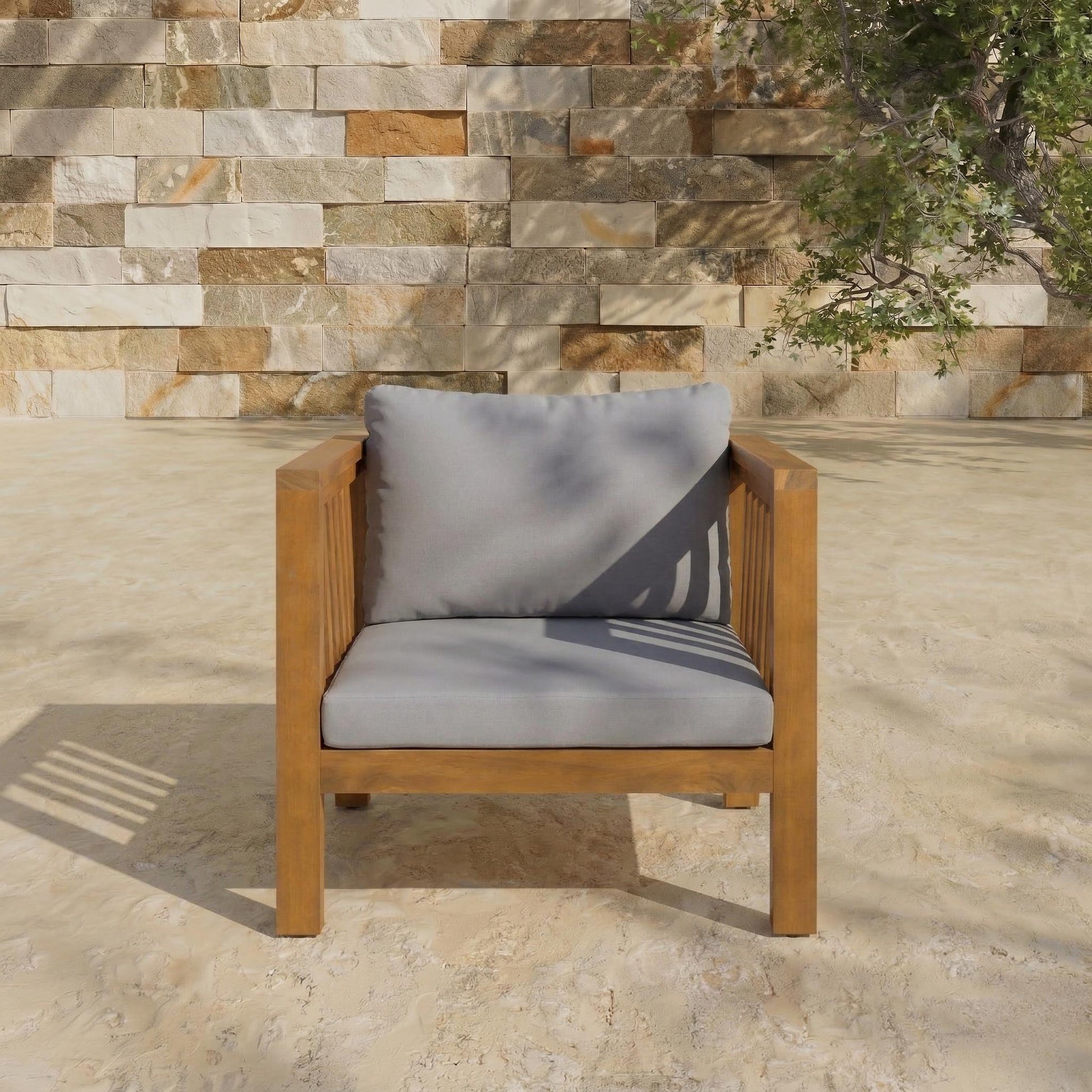 Outdoor Acacia Wood Club Chair with Modern Square Arms, Patio Chair with Thick Cushion, Adjustable Leveling Feet for Poolside, Backyard & Deck, Grey Cushion image 2