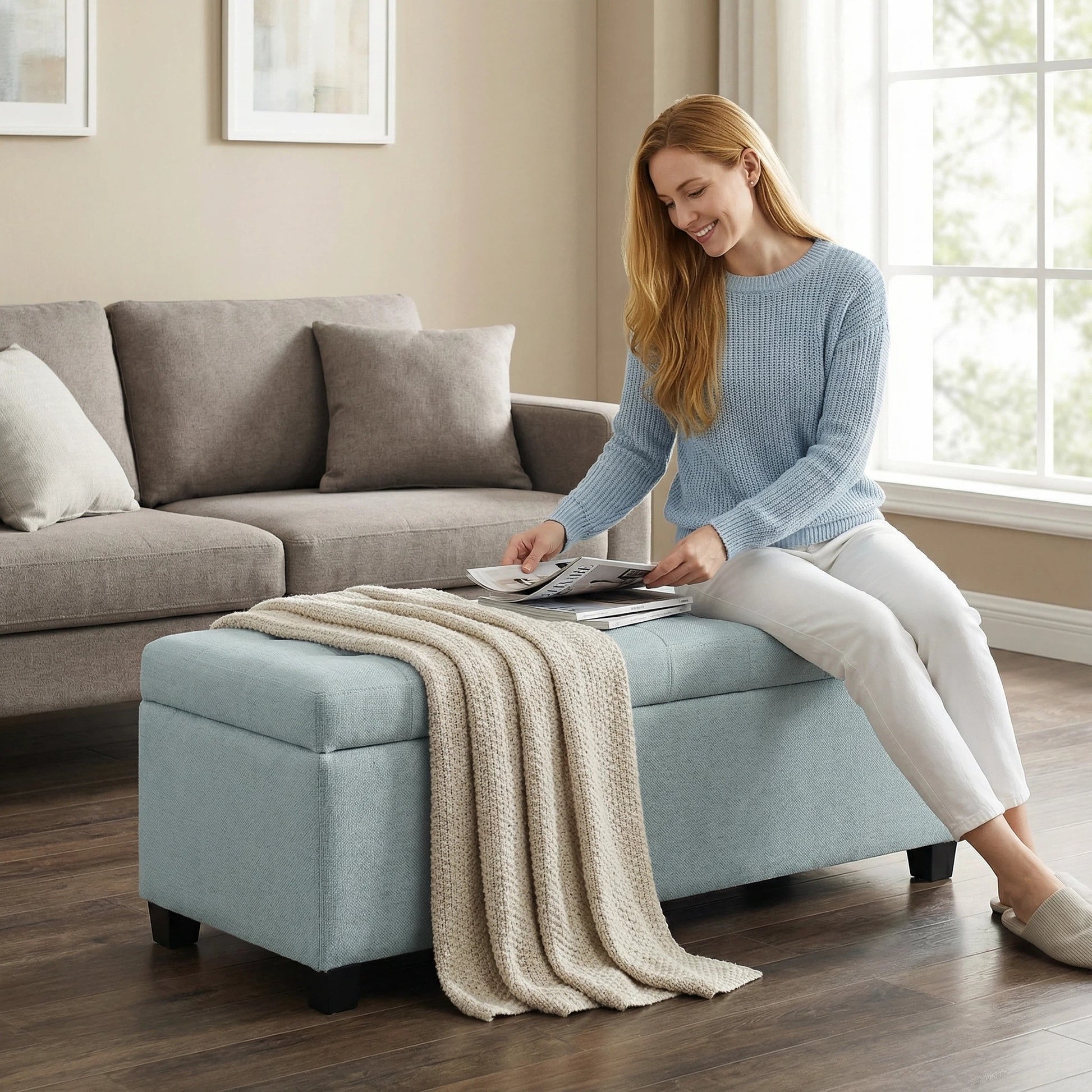 Storage Ottoman, Storage Bench, Tufted Entryway Bedroom Bench, 49.75Inches, Hinges Easy Lid Operation, Wooden Legs, Polyester fabric, Loads 300 lb,Baby Blue image 3