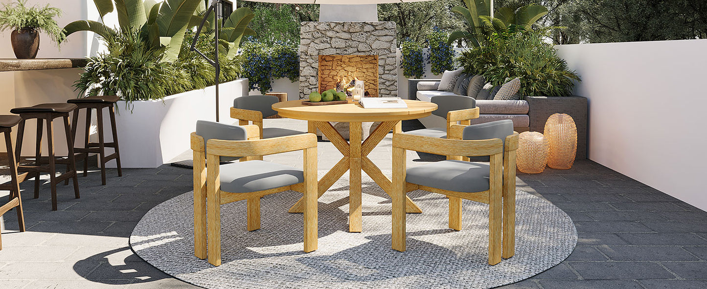 5-Piece Outdoor Acacia Wood Round Dining Set, Solid Wood Patio Table with 4 Barrel Chairs, Cushioned Seats & Backs, Modern Garden Conversation Set, Gray Cushion image 12