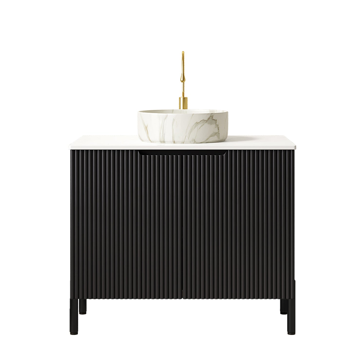 TURIO 30" Bathroom Vanity with Sink, Freestanding Bathroom Storage Cabinet with 2 Doors, White Round Ceramic Basin with Stone Pattern and Carrara White Counter Top, No Faucet, Black Color image 3