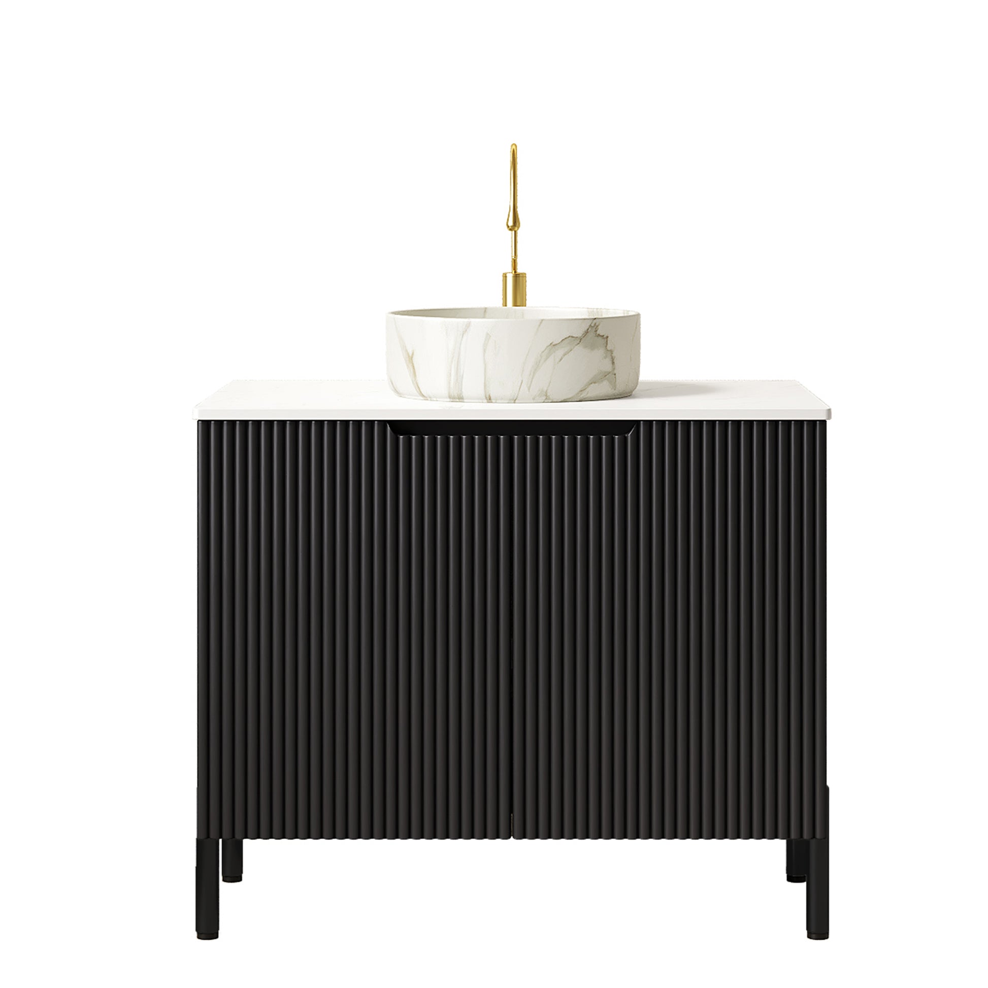 TURIO 30" Bathroom Vanity with Sink, Freestanding Bathroom Storage Cabinet with 2 Doors, White Round Ceramic Basin with Stone Pattern and Carrara White Counter Top, No Faucet, Black Color image 3
