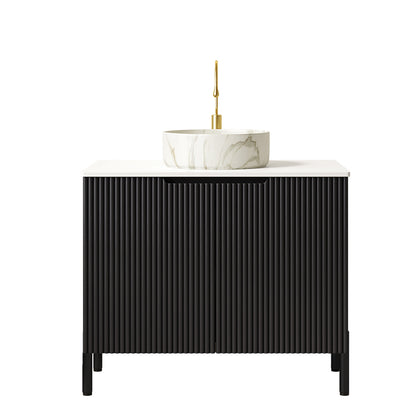 TURIO 30" Bathroom Vanity with Sink, Freestanding Bathroom Storage Cabinet with 2 Doors, White Round Ceramic Basin with Stone Pattern and Carrara White Counter Top, No Faucet, Black Color image 3