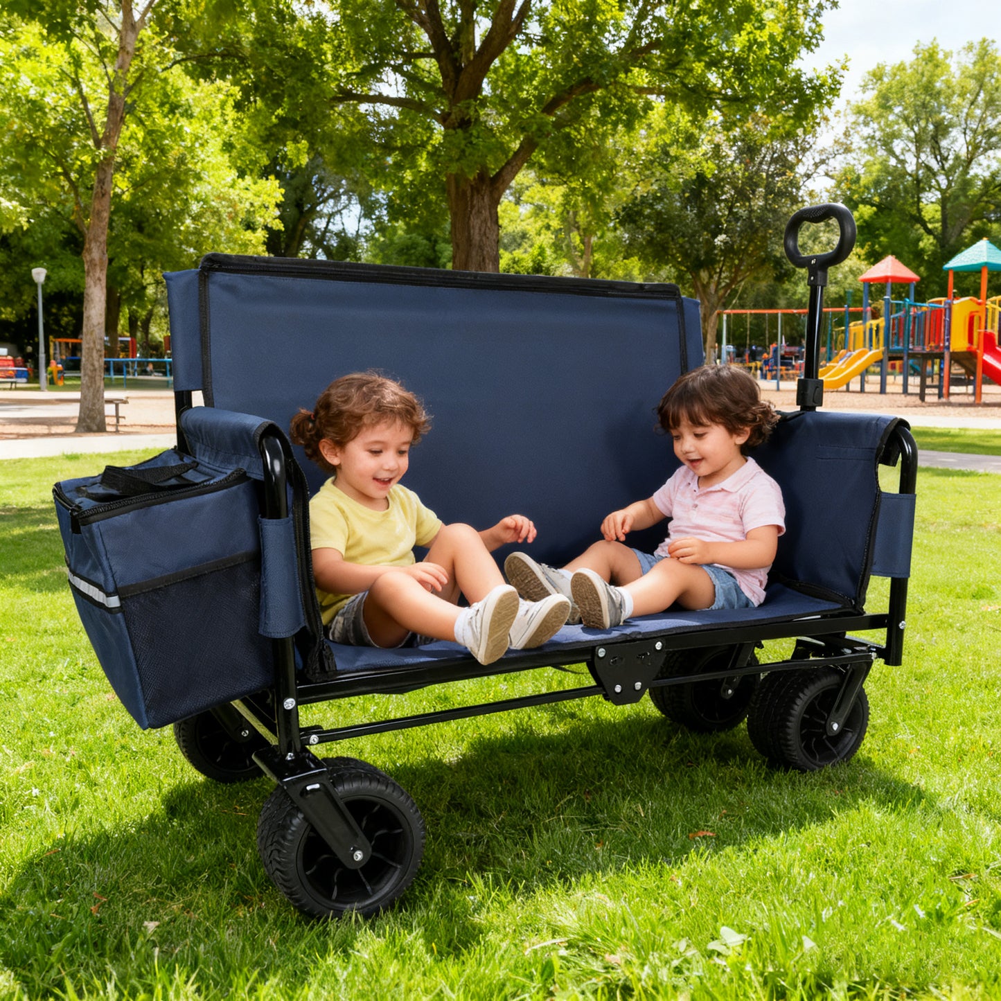 3-in-1 Folding Wagon Cart with Bench Seat & Storage, patent protection- Includes 1 ice pack, 500lbs Heavy-Duty, 180L Capacity All-Terrain Wheels for Camping, Beach, Sports, Garden, dark blue image 6