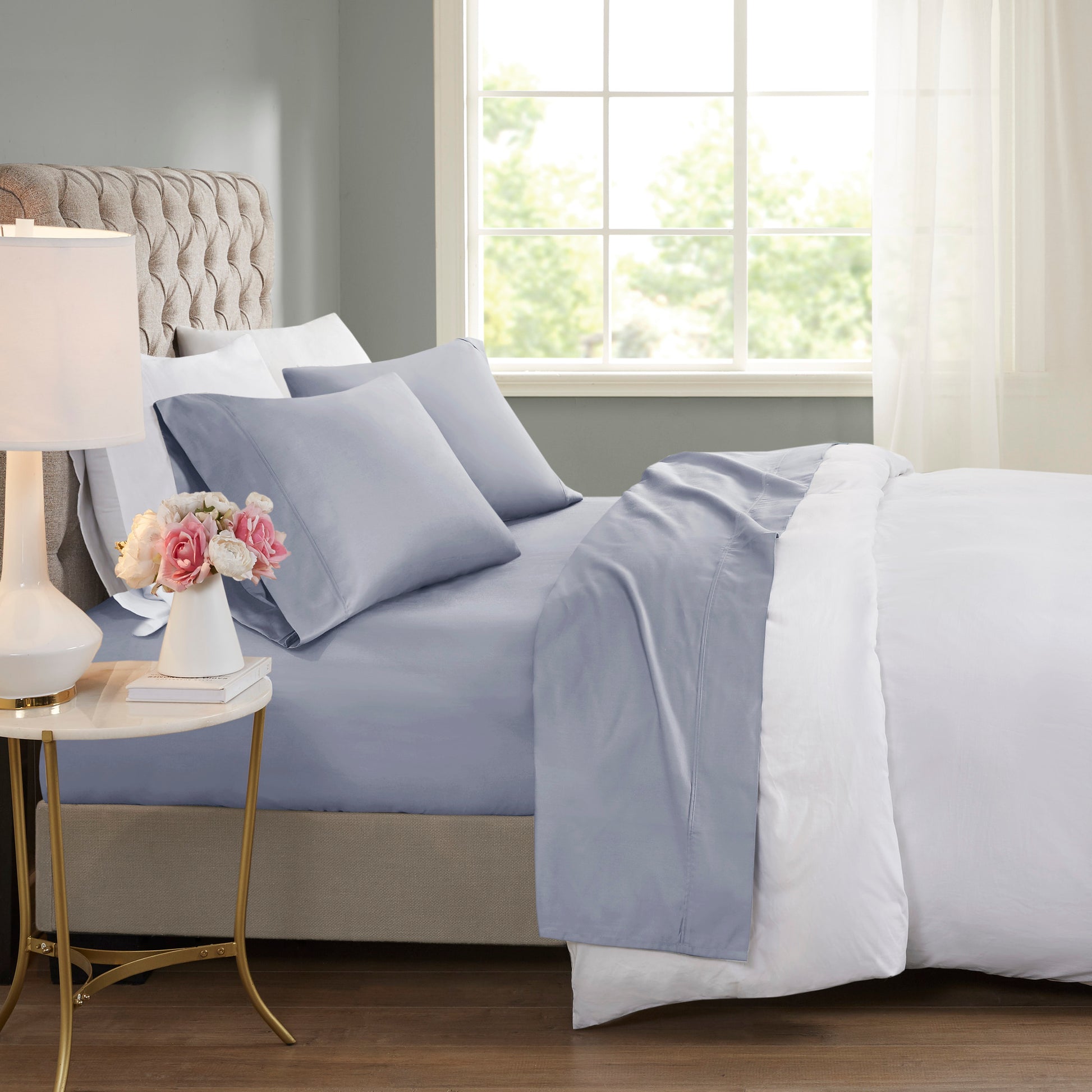 4 Pieces Queen Cooling Cotton Blend Sheet Set,Blue image 1