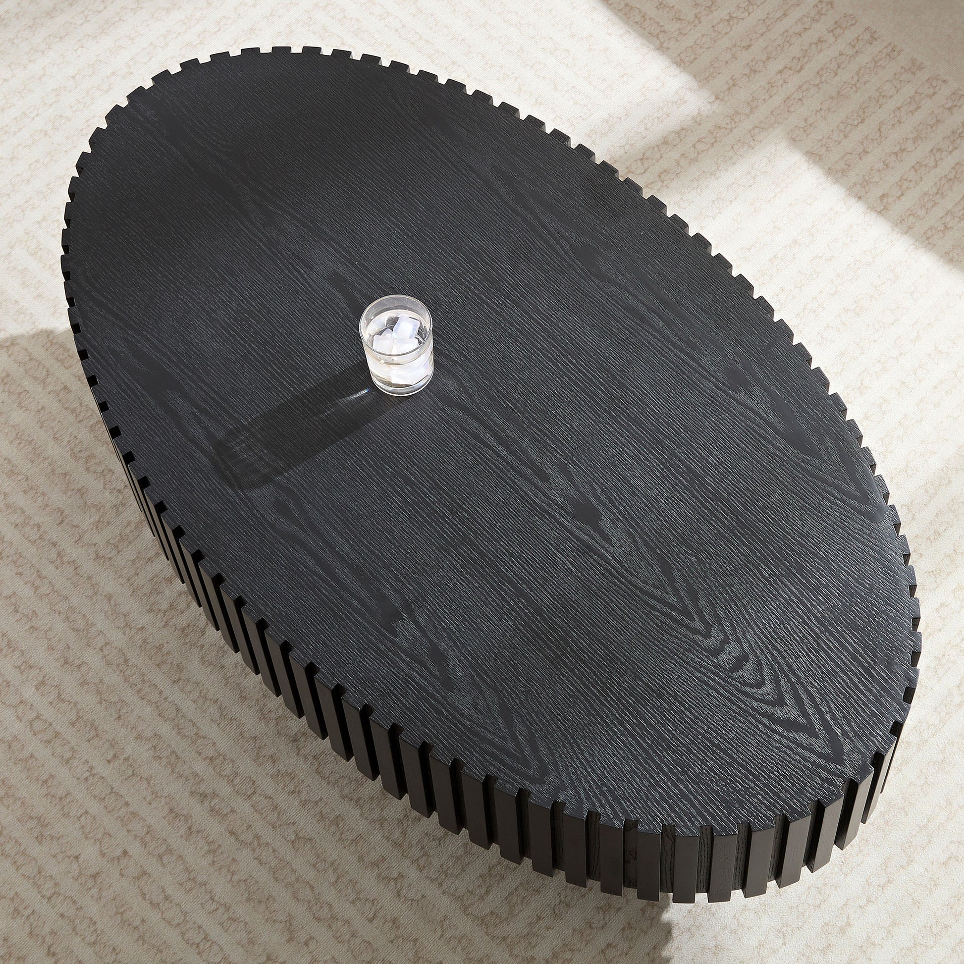 Modern Handcraft Drum Coffee Table Length 43.7 inch Ellipse Coffee Table for Living Room,Oval Small Coffee Table with Sturdy Pedestal,Black MDF image 6