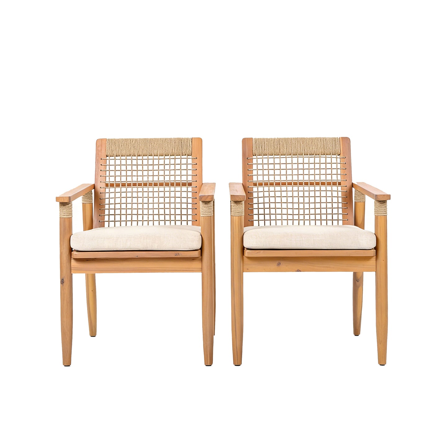 Outdoor Dining Chairs Set of 2, Acacia Wood Patio Armchair with Multi Brown Rope Design Back and Arms and Beige Washable Cushion,for Backyard, Poolside, Garden,Light teak image 8