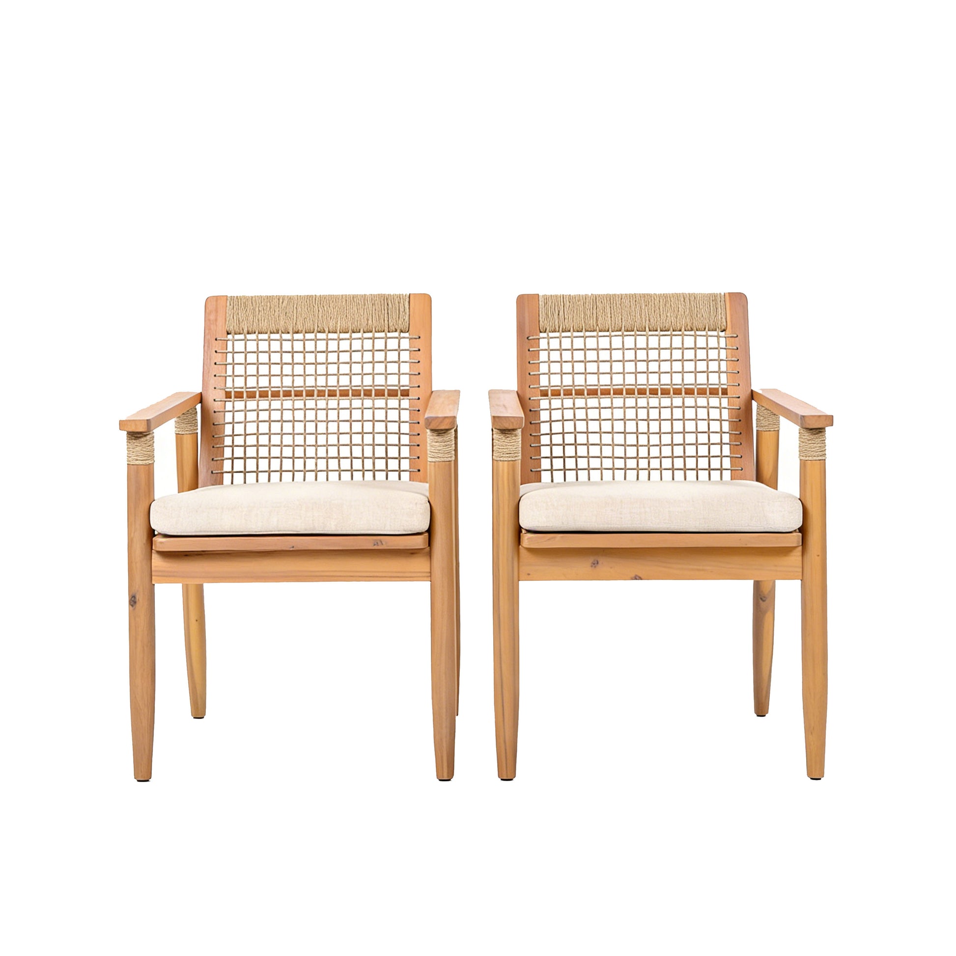 Outdoor Dining Chairs Set of 2, Acacia Wood Patio Armchair with Multi Brown Rope Design Back and Arms and Beige Washable Cushion,for Backyard, Poolside, Garden,Light teak image 8