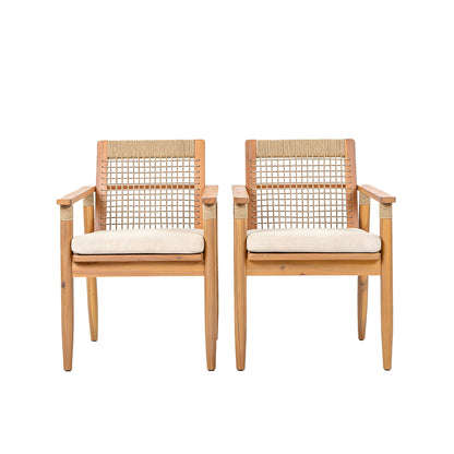 Outdoor Dining Chairs Set of 2, Acacia Wood Patio Armchair with Multi Brown Rope Design Back and Arms and Beige Washable Cushion,for Backyard, Poolside, Garden,Light teak image 8