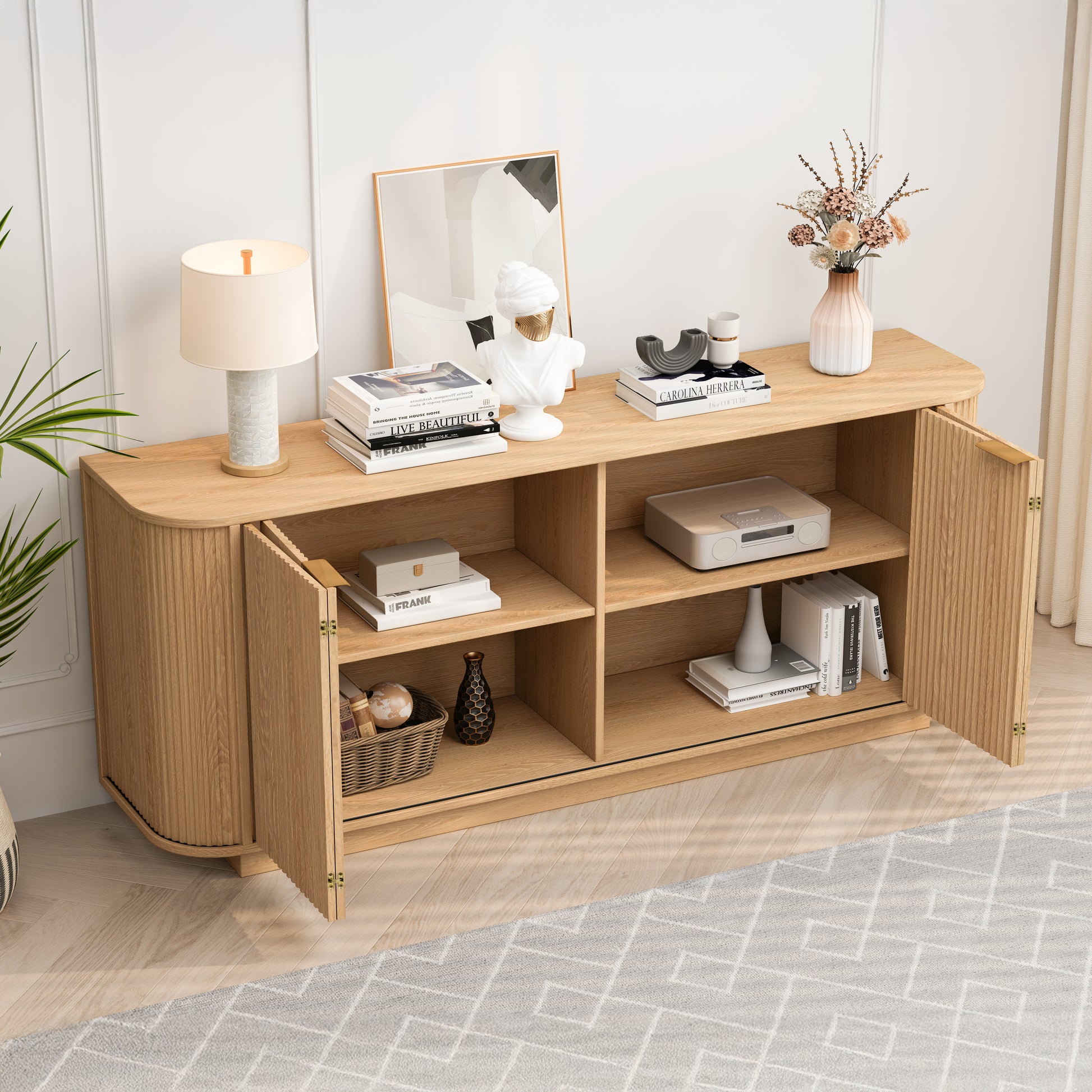 63 " Wavy Storage Sideboard, Double-Door Buffet Cabinet with Adjustable Shelves, Suitable for Kitchen, Living Room, Hallway - Versatile Storage (Natural) image 3