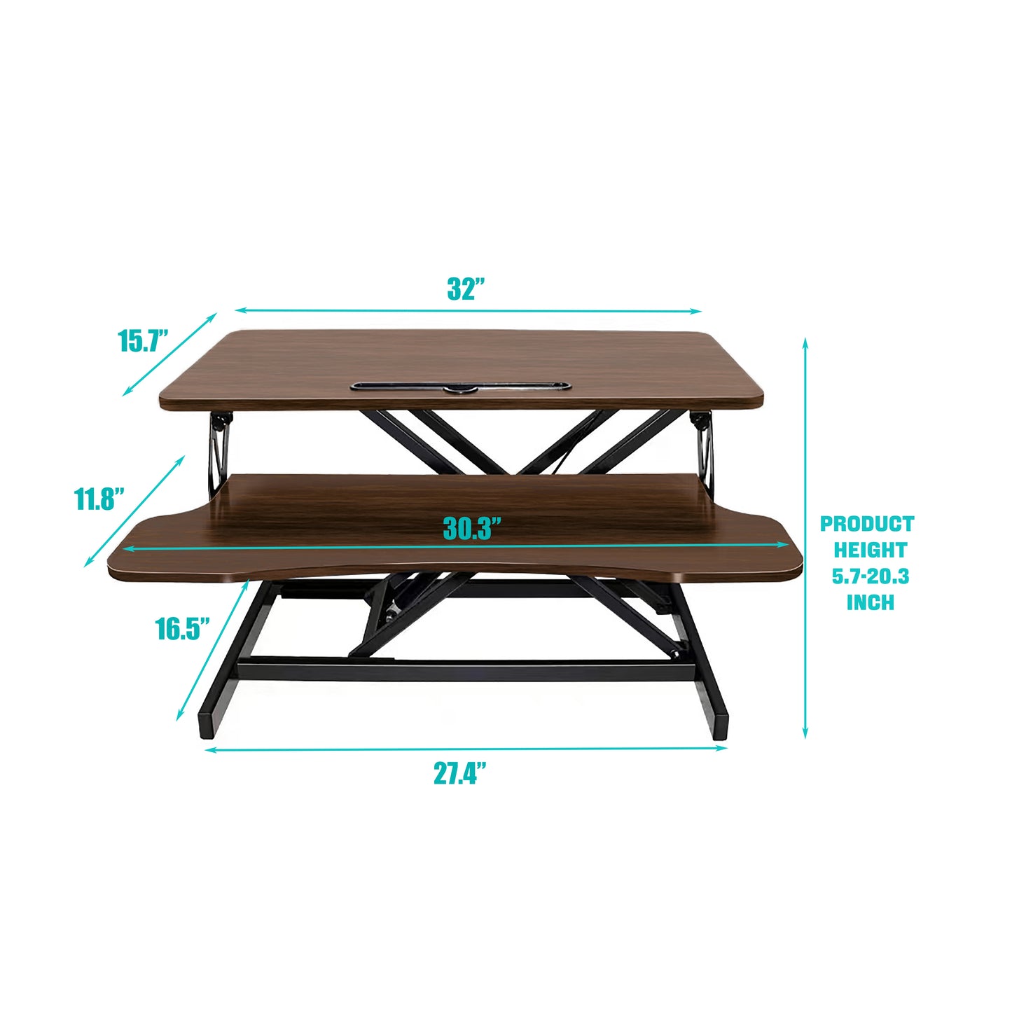 32 Inch Desk Converter, Height Adjustable Sit to Stand Riser, Dual Monitor and Laptop Workstation with Wide Keyboard Tray, Walnut Color image 2