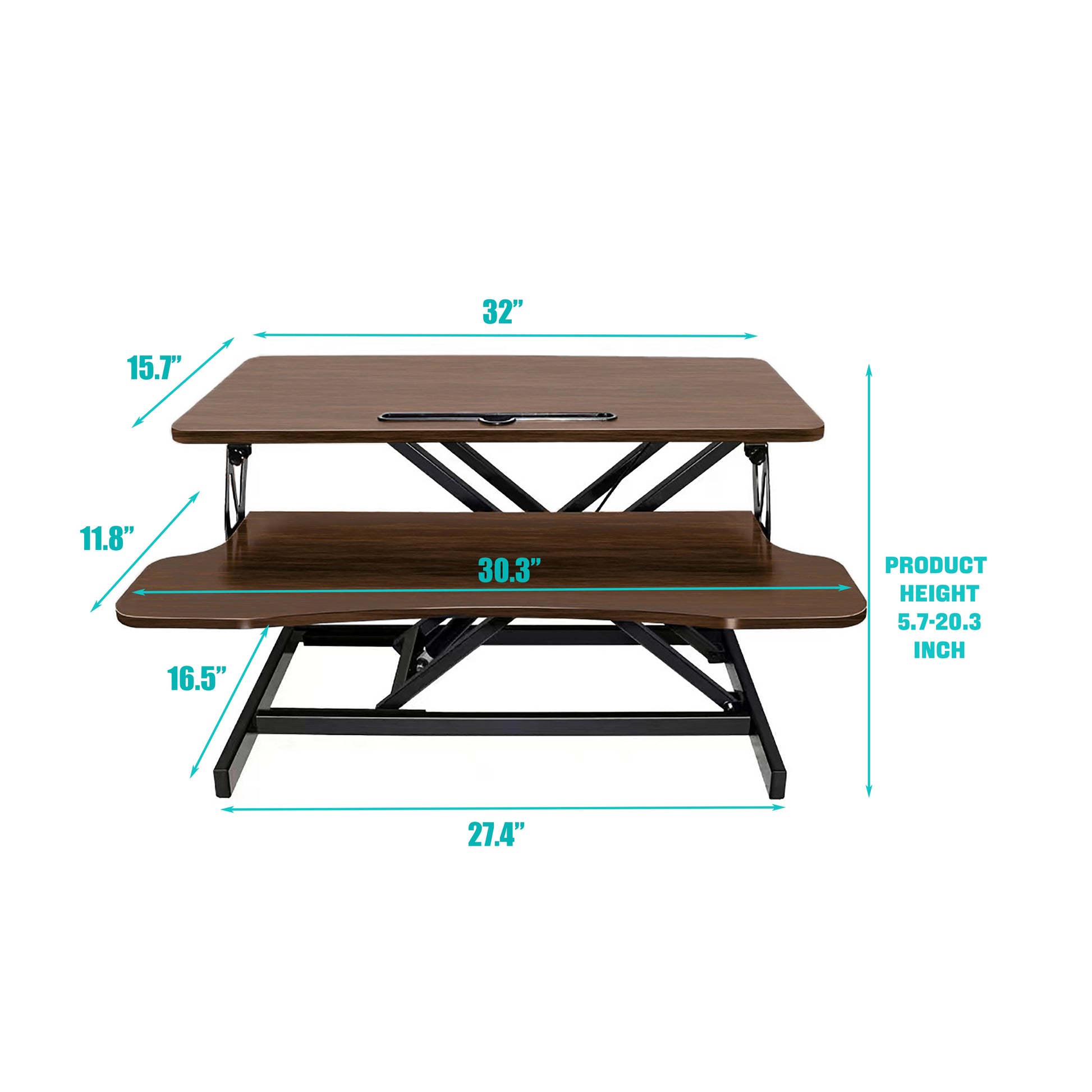 32 Inch Desk Converter, Height Adjustable Sit to Stand Riser, Dual Monitor and Laptop Workstation with Wide Keyboard Tray, Walnut Color image 2