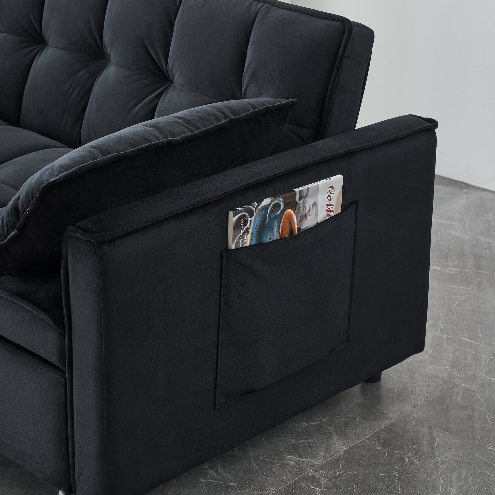 Modern velvet sofa, sofa pull-out bed, small love seat casual sofa with back, with pillow, pockets, living room furniture, 3 in 1 convertible sleep sofa bed. image 5