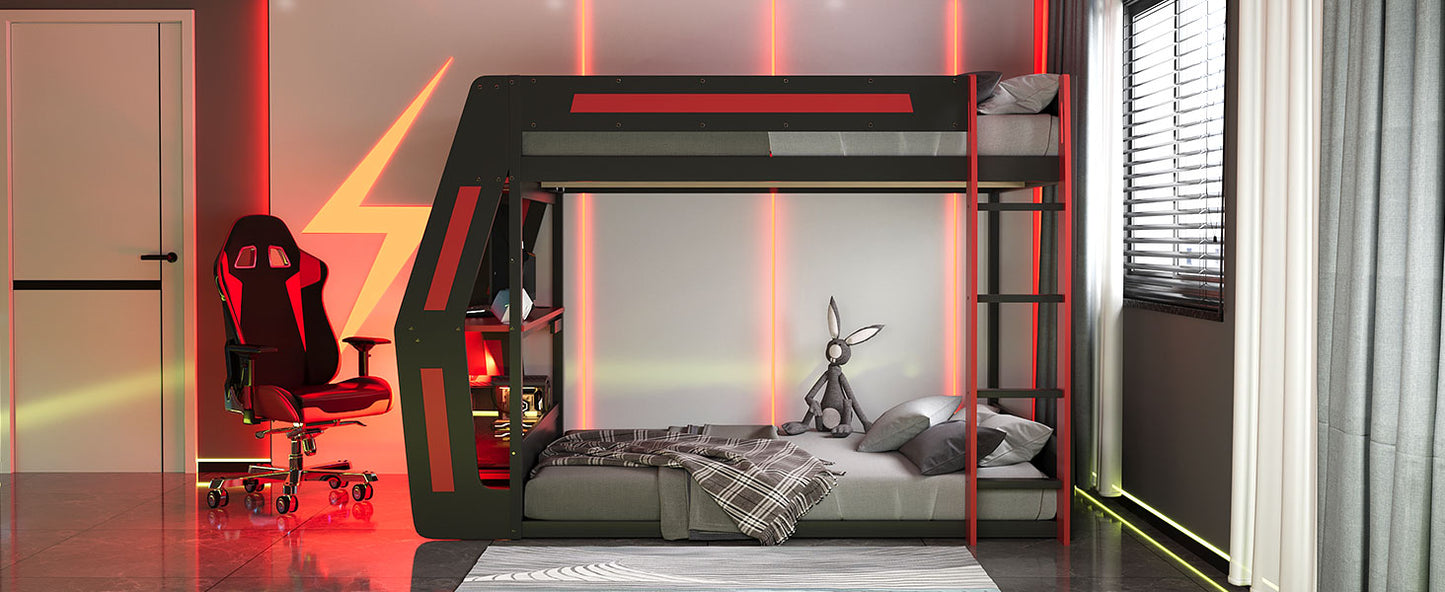 Full-Size Gaming Bunk Bed with Side-Mounted Oversized RGB Desk, USB Charging Ports & Cable Grommet, LED Light Strip, Heavy-Duty Esports Loft Frame – Cool Design-Red image 6
