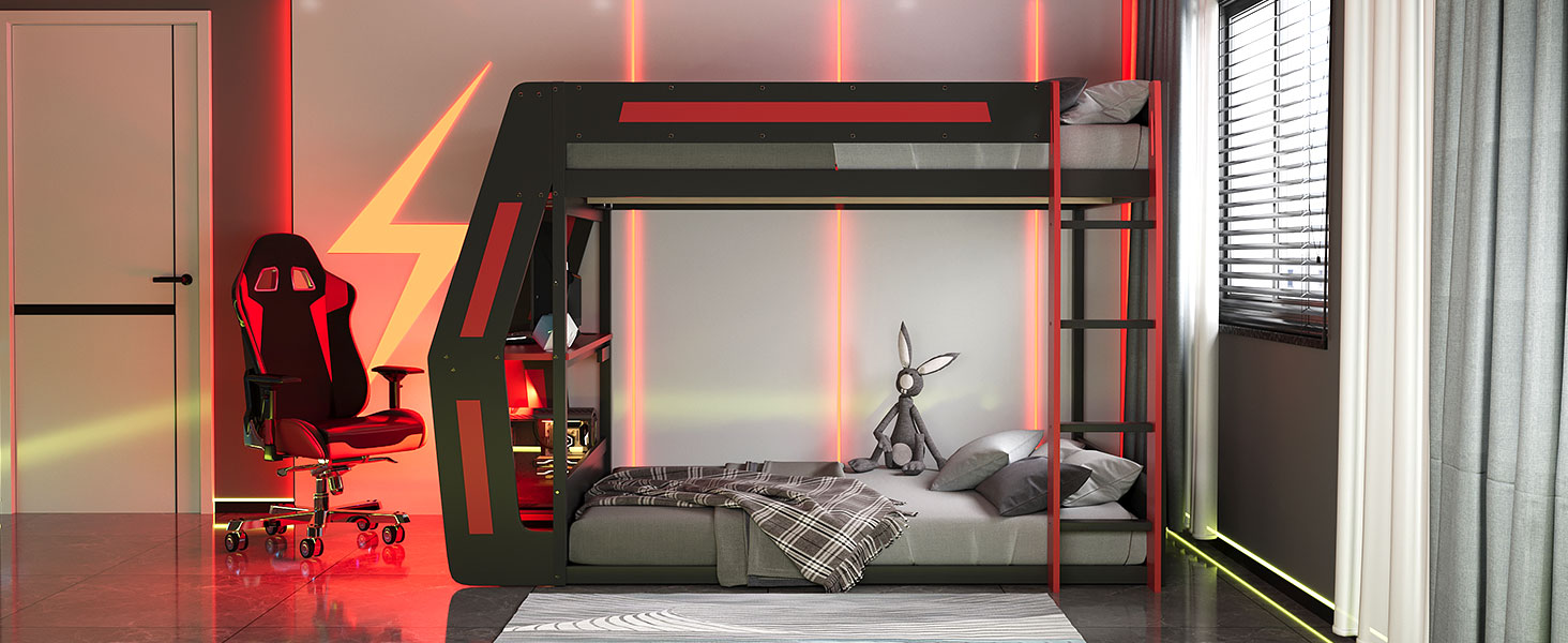 Full-Size Gaming Bunk Bed with Side-Mounted Oversized RGB Desk, USB Charging Ports & Cable Grommet, LED Light Strip, Heavy-Duty Esports Loft Frame – Cool Design-Red image 6