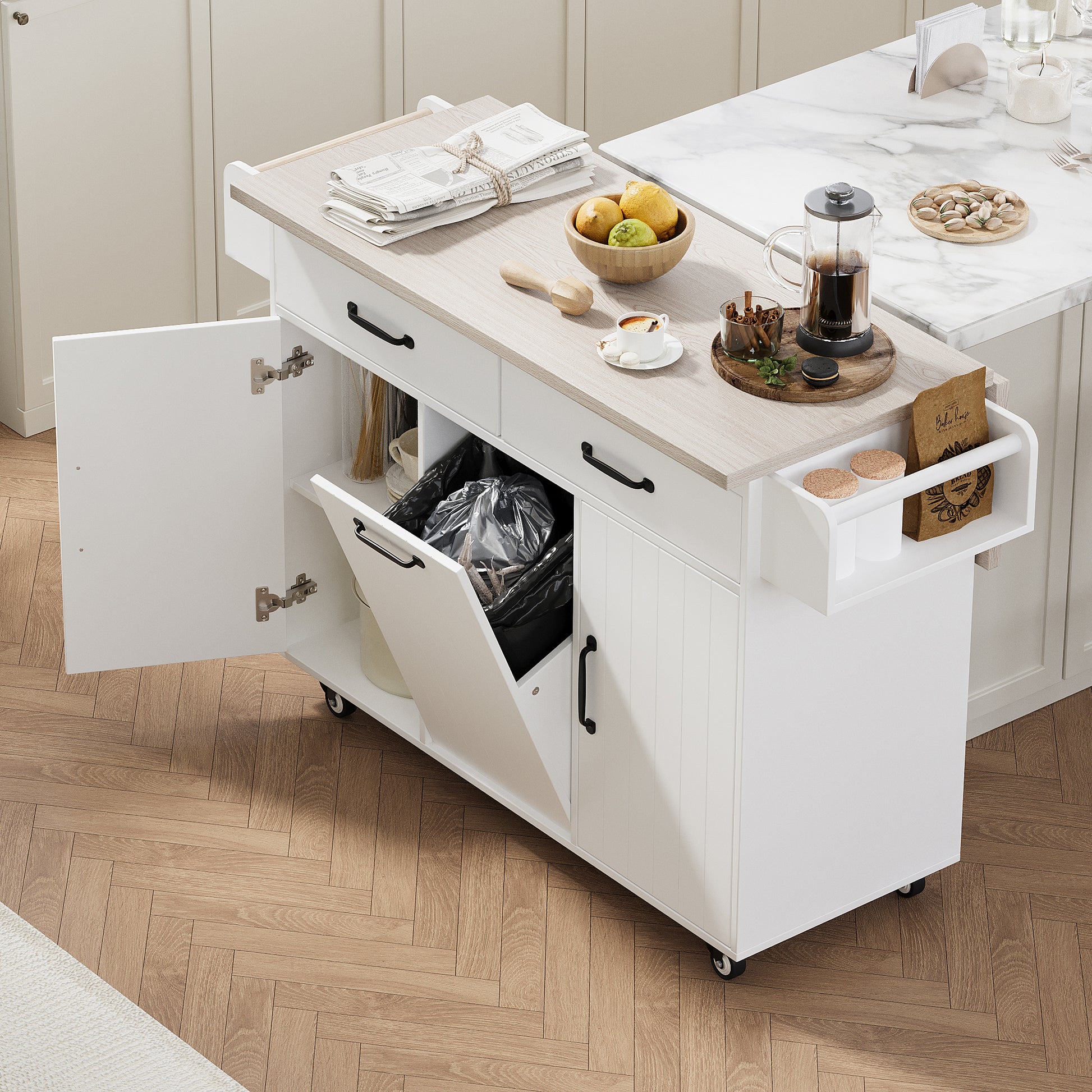 K&K Kitchen Island with Trash Can Storage Cabinet, Kitchen Cart with Drop Leaf, Spice Rack, Towel Rack and Drawer, Rolling Kitchen Island on Wheels with Adjustable Shelf, White image 1
