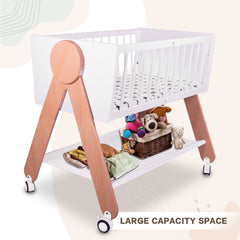 Wooden Bedside Bassinet Sleeper, Safe Stylish Baby Crib Bassinet with Locking Wheels Mosquito Net Large Storage Basket Mattress Pad Included Bassinet for Newborn and Infants