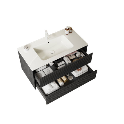 BRON 36" Bathroom Vanity with Sink, Modern Wall-Mounted Floating Plywood Bathroom Cabinet with 2 Drawers, White Ceramic Basin with Sink Hole Cover and Drain, Pre-assembled, Dark Oak Woodgrain Color image 3