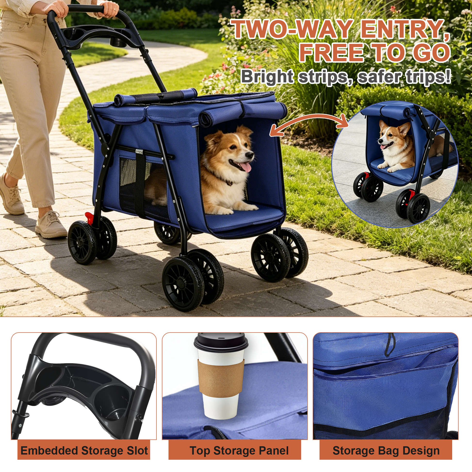 Pet Stroller, Foldable 4-Wheel Design, Breathable Mesh Dog Cat Stroller with Shockproof Wheels, Brake System, Storage Tray, 2 Fixed Safety Leashes, Large Space for Small Medium Pets, Navy Blue image 4