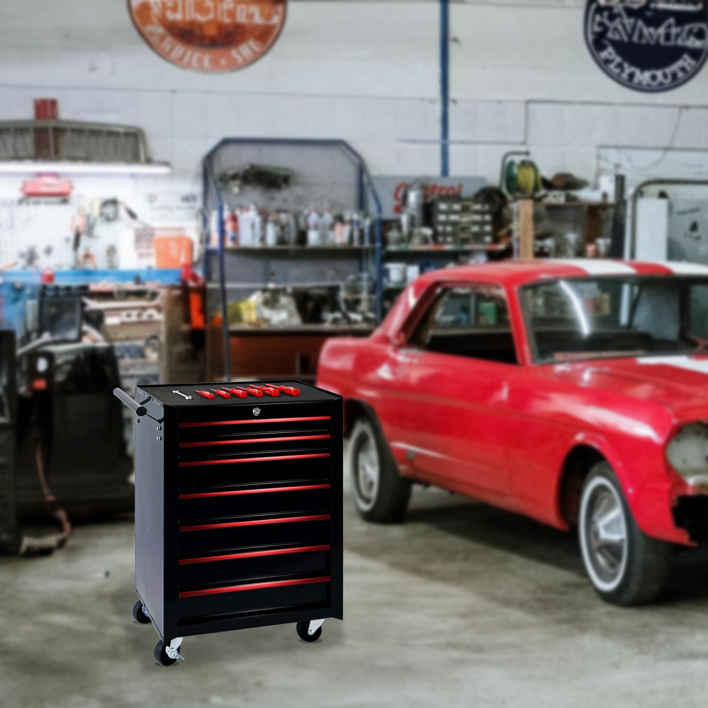 Rolling Metal Tool Chest with 7 Drawers, 20" 7-Drawer Tool Chest Cabinet with Ball Bearing Drawer Slides, Steel Tool Storage Box Organizer -BLACK image 10