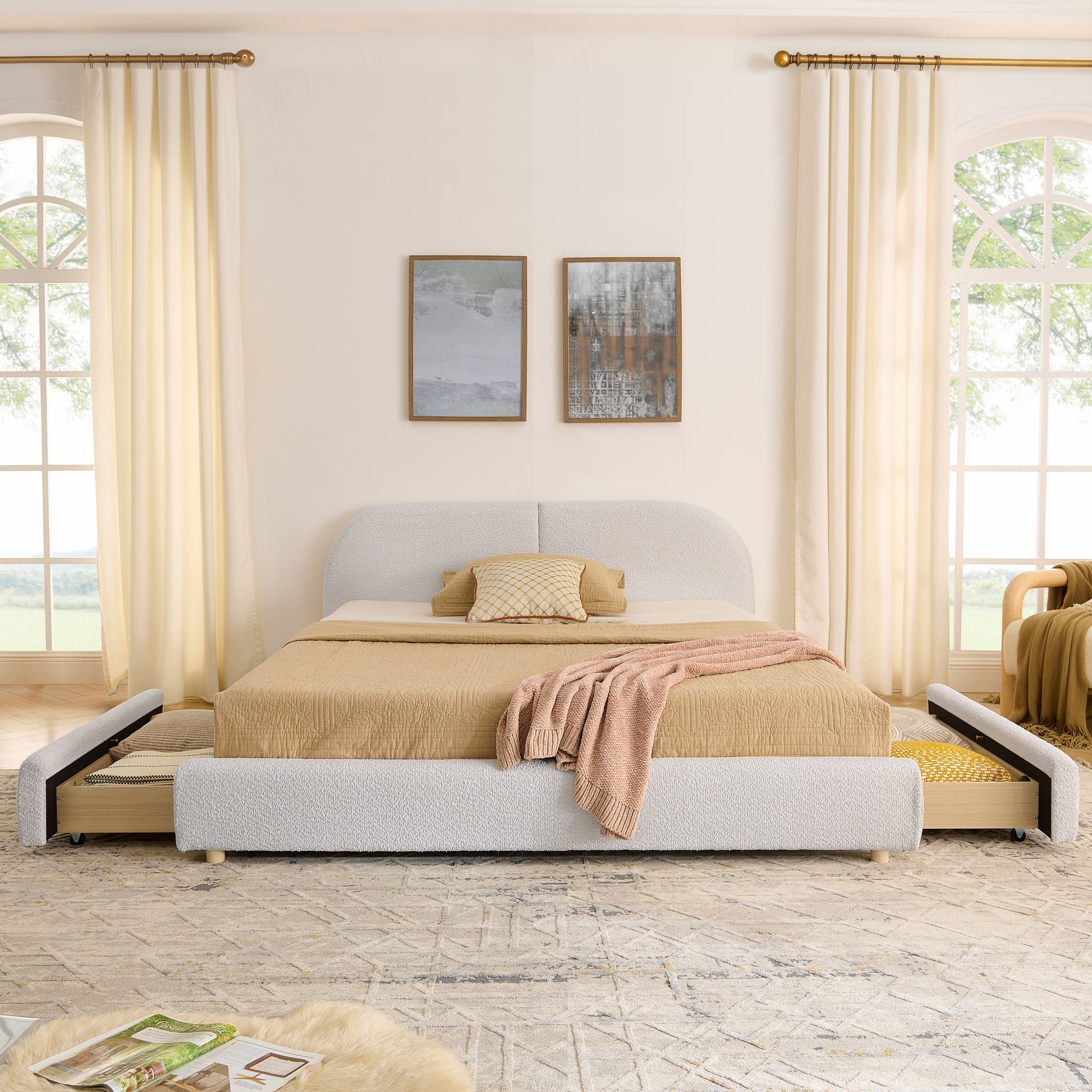Queen Size Upholstered Bed Frame Modern Minimalist Style - Circle Yarn Fabric, Tall Curved Headboard, Sturdy Leg Support & Wheeled Drawer Storage, Mattress Not Included -Beige image 4