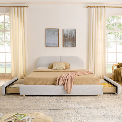 Queen Size Upholstered Bed Frame Modern Minimalist Style - Circle Yarn Fabric, Tall Curved Headboard, Sturdy Leg Support & Wheeled Drawer Storage, Mattress Not Included -Beige image 4