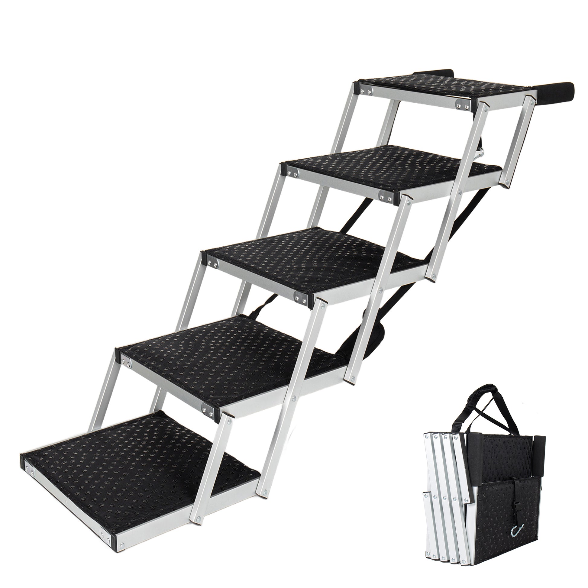 Aluminum Frame Foldable Dog Stairs, 5 Steps Heavy Duty Pet Ramp with Non Slip Surface and Soft Foam Handle, Dogs Stairs for Cars, High Beds, Truck, Supports up to 250 lbs image 1