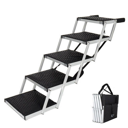 Aluminum Frame Foldable Dog Stairs - 5 Steps Heavy Duty Pet Ramp for Cars - Image 1