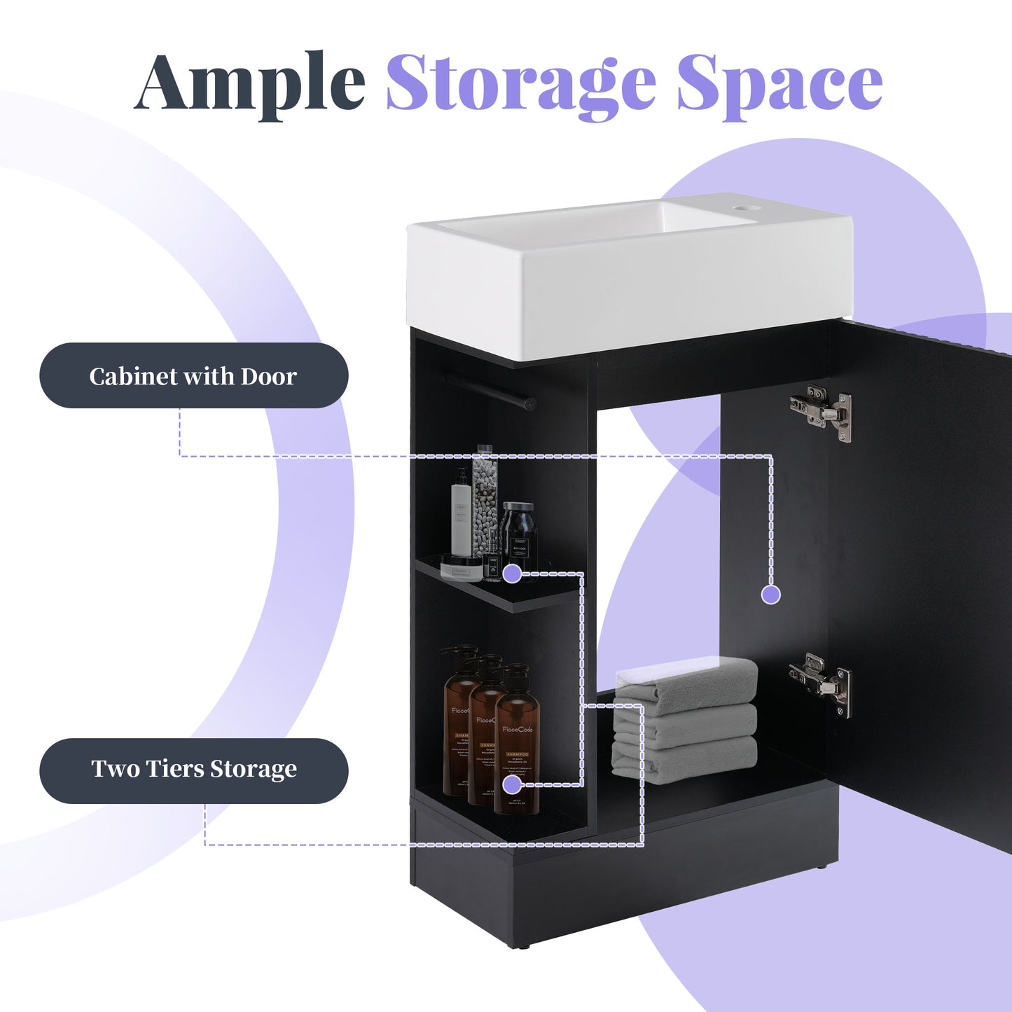 18.6" Bathroom Vanity with Sink, Bathroom Vanity Cabinet with Two-tier Shelf, Left or Right Orientation, Black (WF308491 New Color) image 8