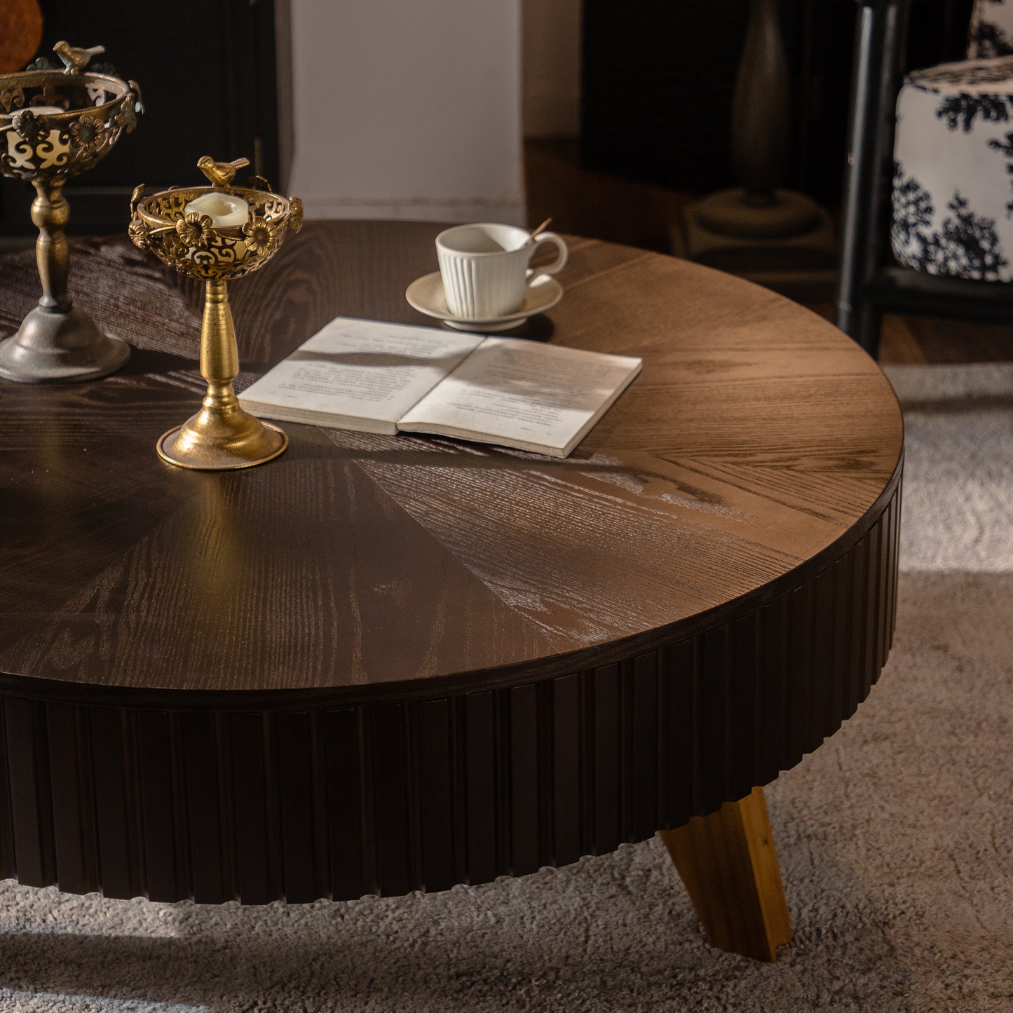 39.37" Retro Round Coffee Table with Storage Space, Suitable for Living Room and Office, Brown image 6