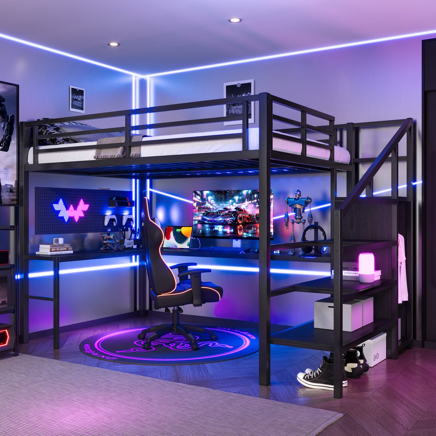 Full XL Size Loft Bed with L-shaped Desk and USB, Metal Loft Bed with Wardrobe and Adjustable Shelf, High Loft Bed with LED for Kids Teens Adults, Black image 4