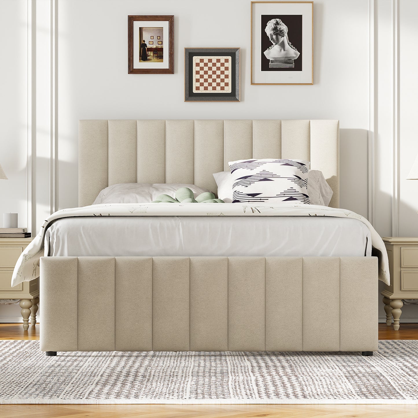 Full Size Upholstered Platform Bed with Twin Size Trundle and 3 Drawers, Linen Fabric, Beige image 3