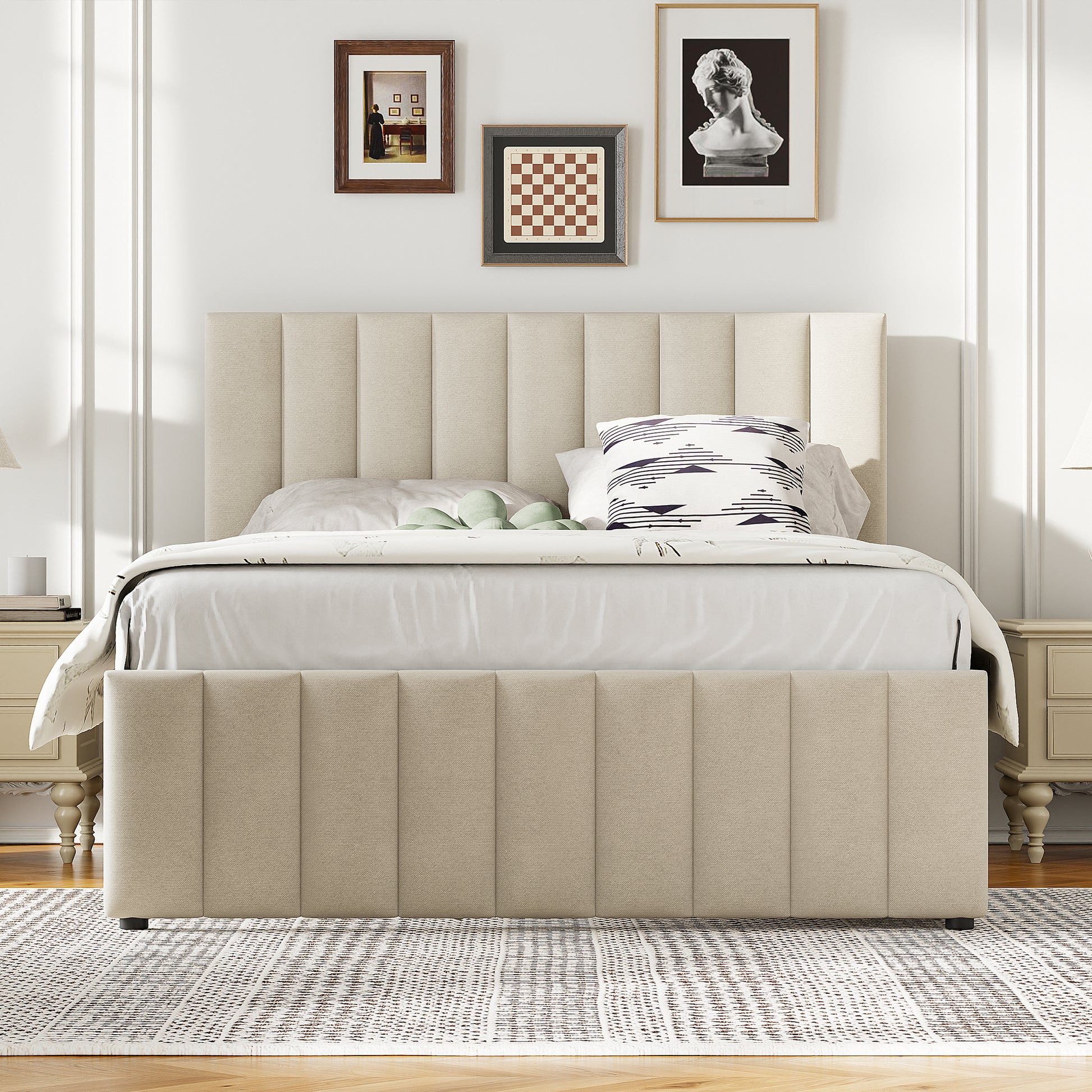 Full Size Upholstered Platform Bed with Twin Size Trundle and 3 Drawers, Linen Fabric, Beige image 3