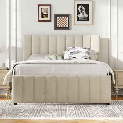 Full Size Upholstered Platform Bed with Twin Size Trundle and 3 Drawers, Linen Fabric, Beige image 3